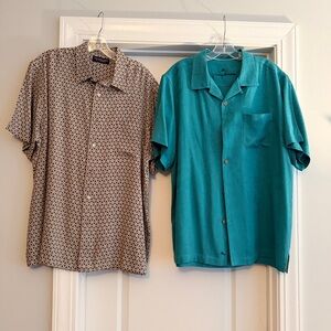 Tommy Bahama Teal Camp Shirt & Geometric Brown Button-Down